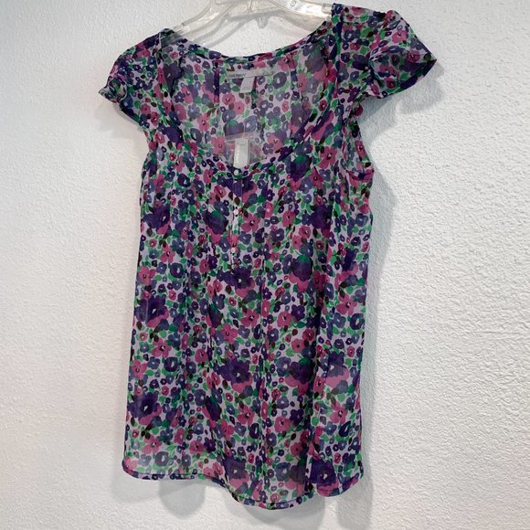 NWT Old Navy 1/4 Button Up Semi Sheer Floral Top Cap Sleeves MultiColor Size S - Picture 11 of 13